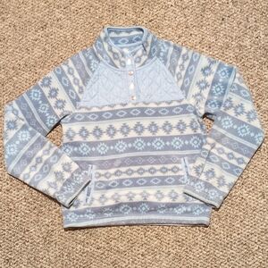 Kyodan Girls Light Blue & White Patterned Sweater, Quarter Button Down, Pockets